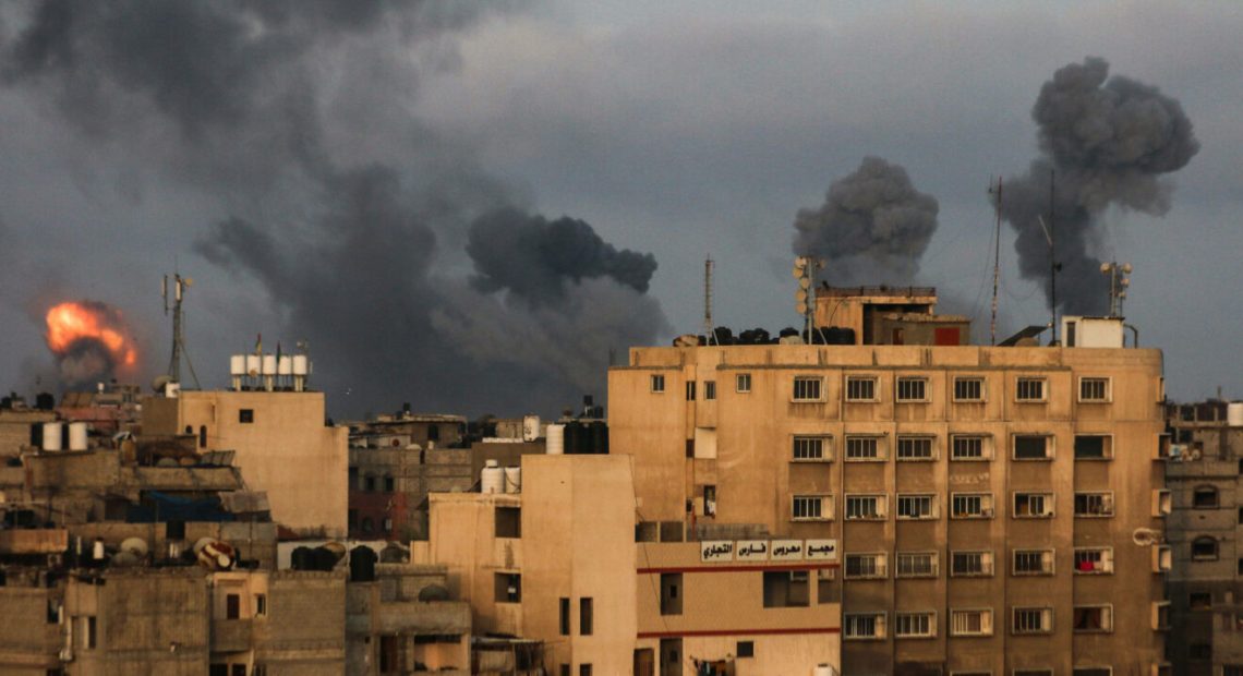 Israel attacks on gaza May 11, 2021, Palestine, Gaza. Explosions and fires caused by Israeli air strikes in the southern